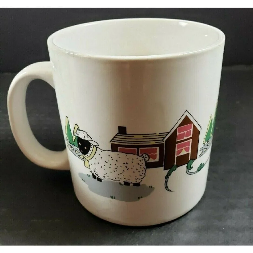 Vintage Set Farmhouse Ceramic Coffee Mugs Farm Animals Barn Sheep Geese Country